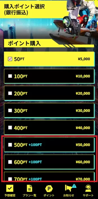 銀行振込で一度に500ポイント以上購入するとボーナスポイントが貰える